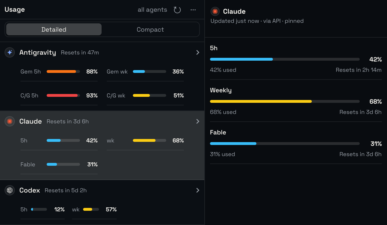 Detail pane listing each usage window with a bar, the percentage used, and a reset countdown